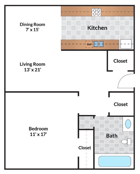 Floor plan for 1 bed, 1 bath, 879 sqft